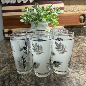 Set of Leaf Patterned Glasses. Vintage grey and black classes. Set of 10. 4oz.